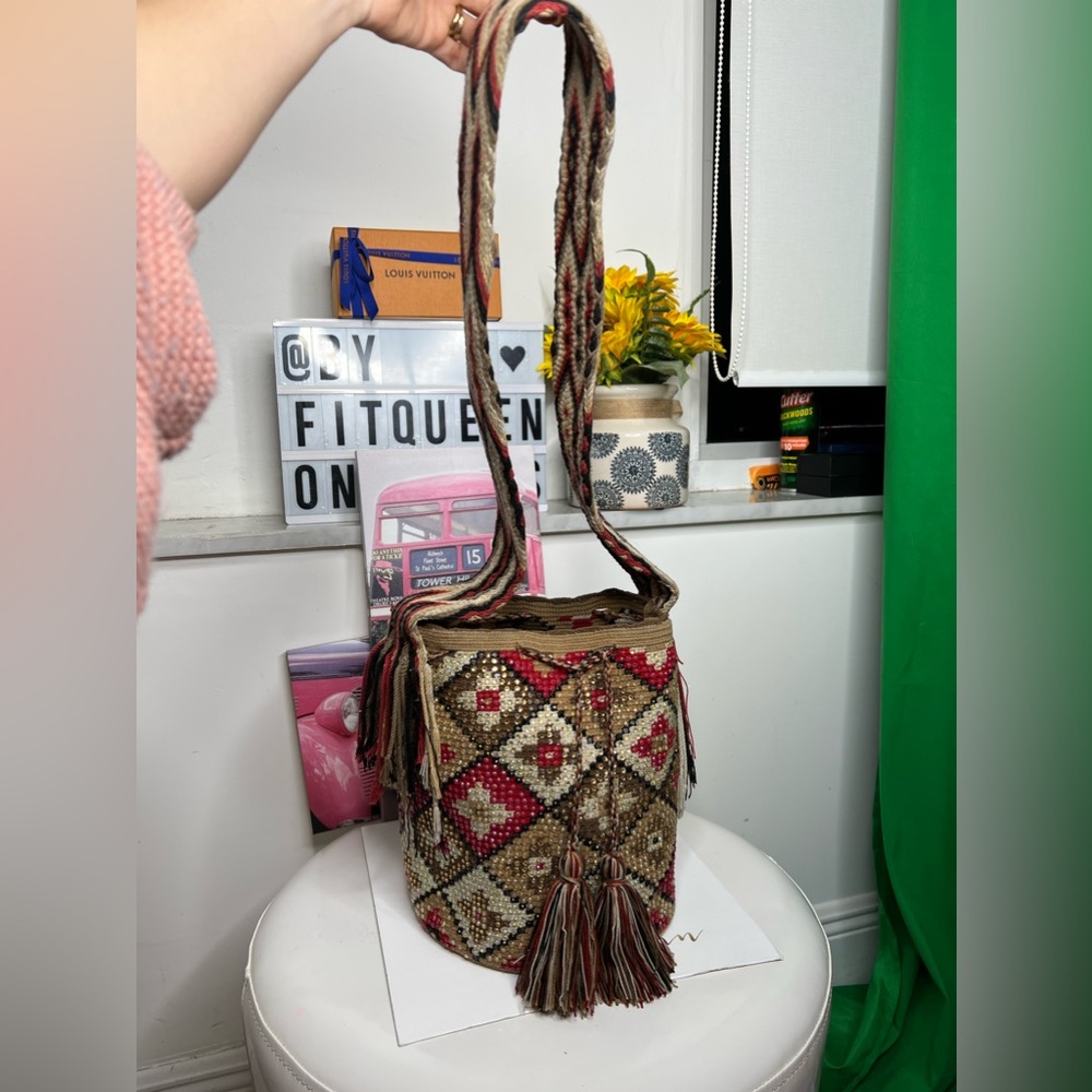 Handmade Design Wayuu Mochila Bag with Crystals all over, Brown and Red color